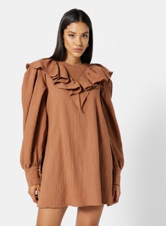 GHOSPELL Craftsman Ruffle Midi Dress Brown  - Image 1