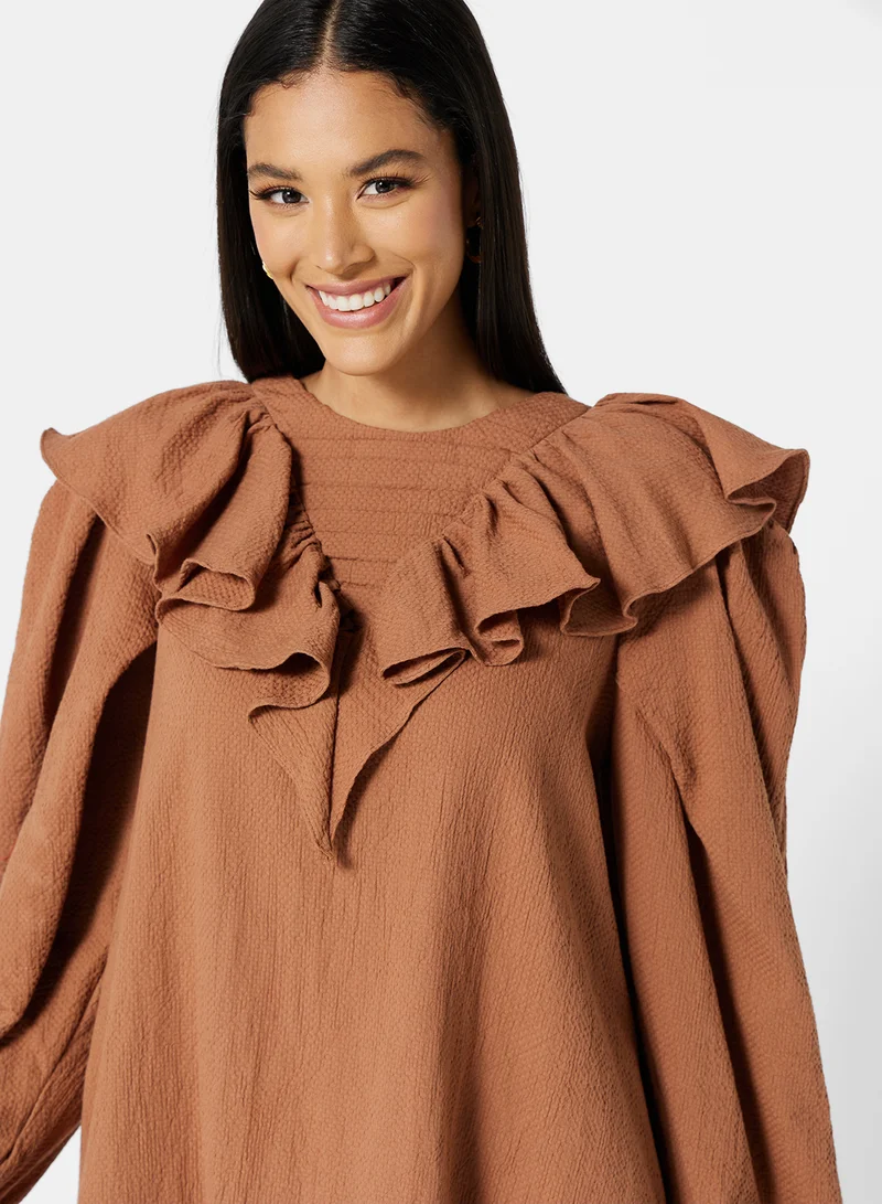 GHOSPELL Ruffled Shoulder Dress Brown