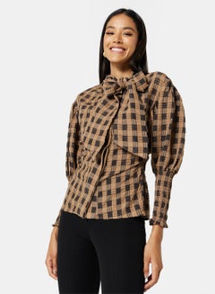 GHOSPELL Checkered Neck Tie Shirt Brown  - Image 1