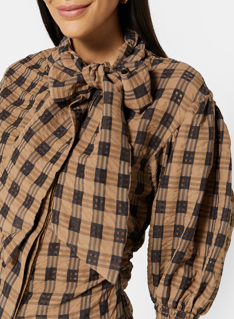 GHOSPELL - Checkered Neck Tie Shirt Brown - Image 1
