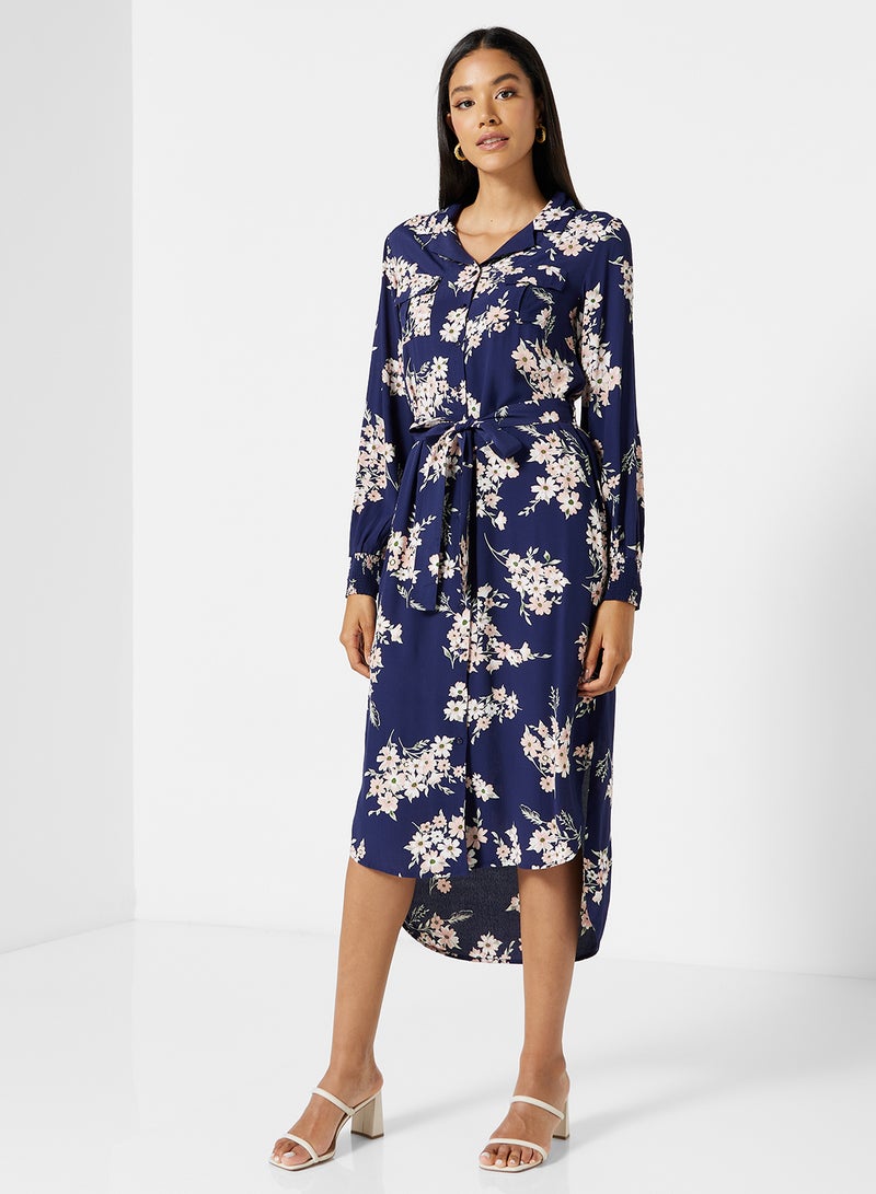 PIECES - Floral Shirt Dress Maritime Blue - Image 1