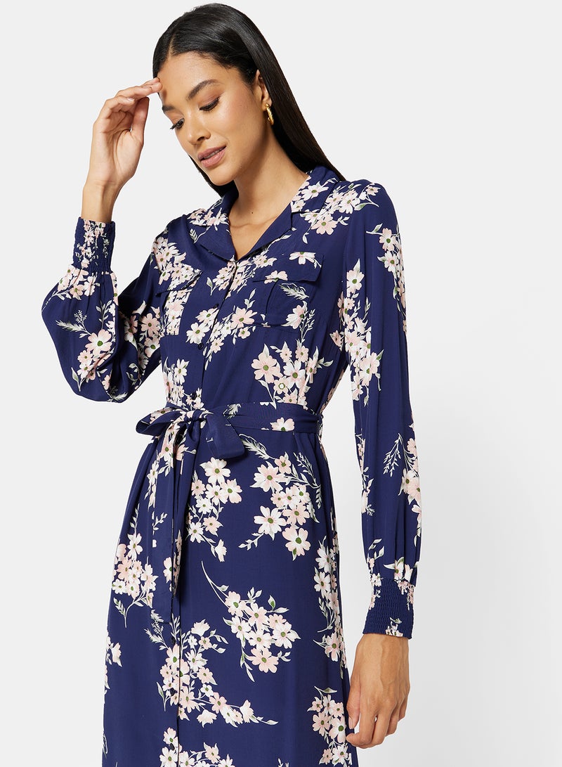 PIECES - Floral Shirt Dress Maritime Blue - Image 1