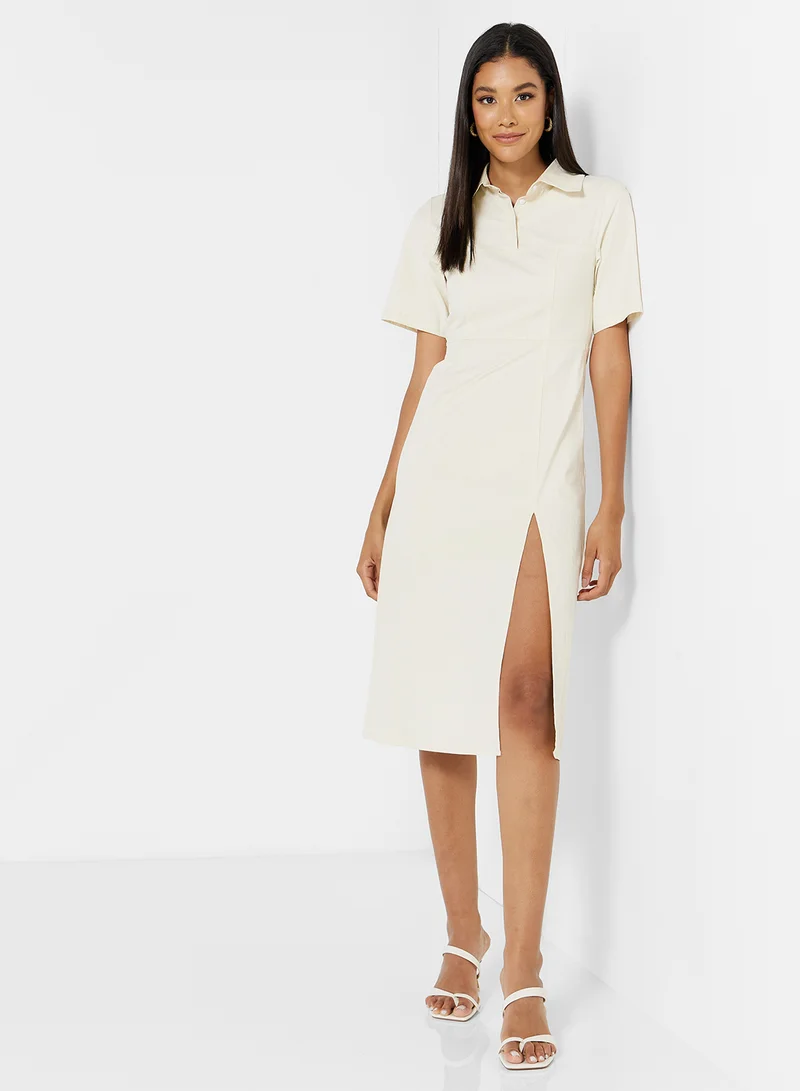 GHOSPELL Front Slit Dress Cream