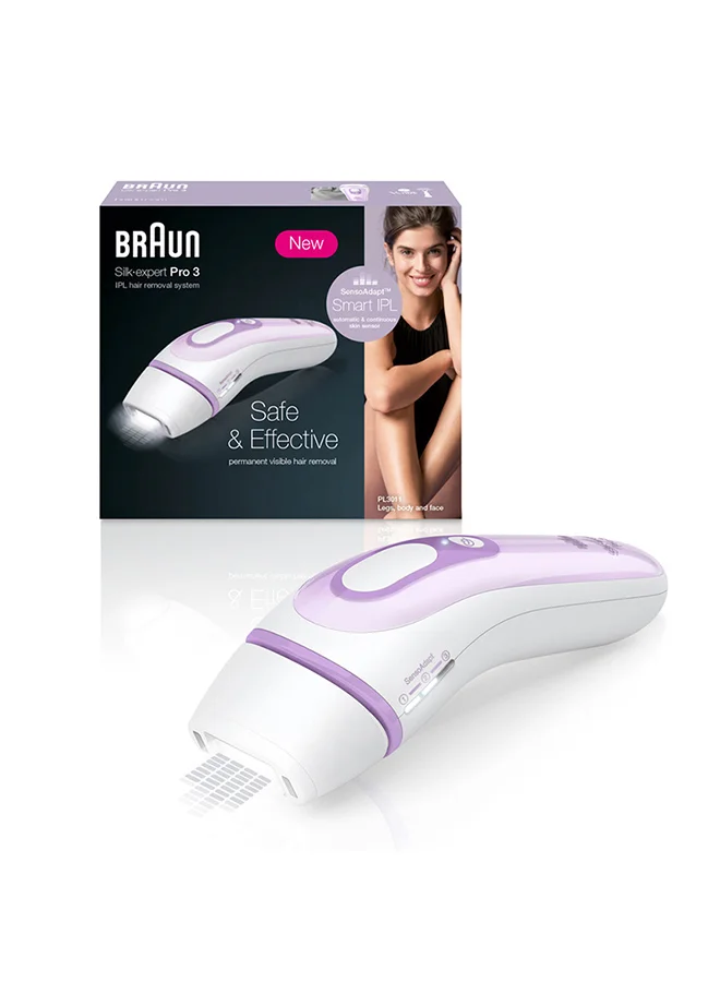 BRAUN IPL Silk-expert PL 3011, hair removal system for use on body and face, 300,000 flashes with 2 extras : Venus razor and premium bag White/Purple 500grams