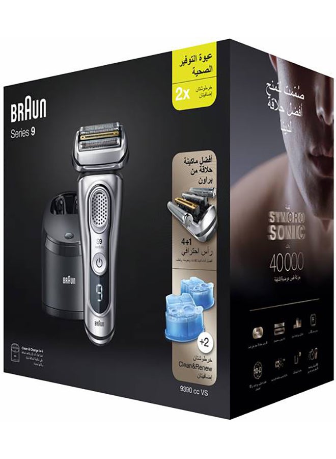 براون ماكينة حلاقة كهربائية سيريس 9 مع قاعدة شحن وتنظيف وحقيبة من الجلد للسفر + خرطوشتا CCR2 طراز 9390CCVS فضي 26.5 x 16.5 x 25.5سم - Image 2