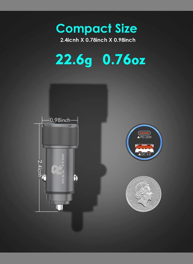 Rock Pow - Apple MFi Certified PD20/QC3.0 iPhone Fast Car Charger,38W Dual Port USB C Power Delivery All Metal Car Adapter Car Quick Charging for iPhone/iPad/AirPods,Samsung Galaxy Note 20/10 S21/20/10,Huawei/Xiaomi/Google Pixel Grey - Image 1