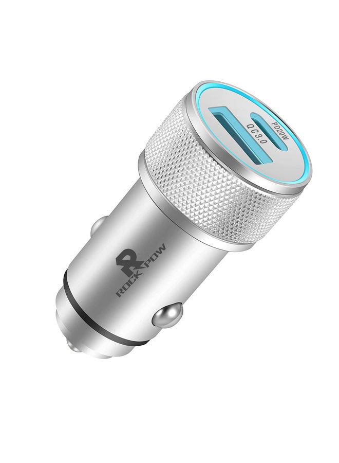 Rock Pow [Apple MFi Certified] PD20/QC3.0 Apple iPhone Fast Car Charger, 38W Dual Port USB C Power Delivery All Metal Car Adapter Car Quick Charging For Apple iPhone/iPad/AirPods, Samsung Galaxy Note 20/10/ S21/S20, Huawei/Xiaomi/Google Pixel Silver - Image 1