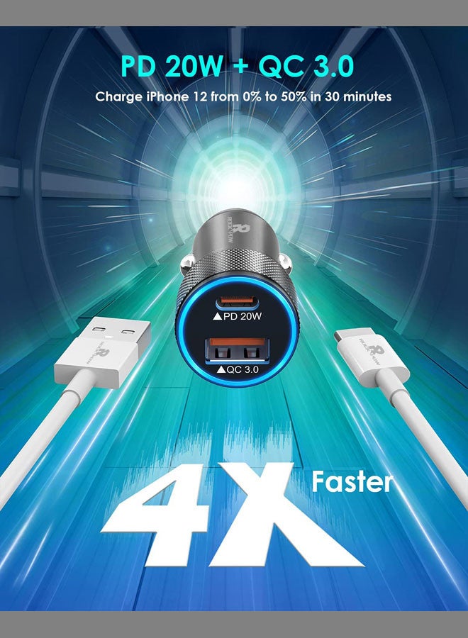 Rock Pow - Apple MFi Certified PD20/QC3.0 iPhone Fast Car Charger,38W Dual Port USB C Power Delivery All Metal Car Adapter Car Quick Charging for iPhone/iPad/AirPods,Samsung Galaxy Note 20/10 S21/20/10,Huawei/Xiaomi/Google Pixel Grey - Image 1
