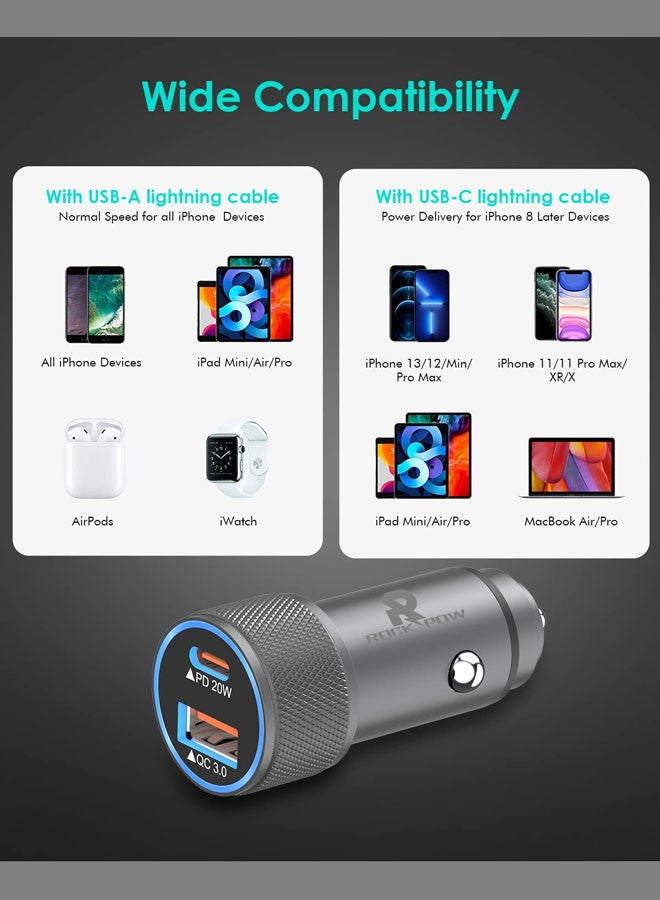 Rock Pow - Apple MFi Certified PD20/QC3.0 iPhone Fast Car Charger,38W Dual Port USB C Power Delivery All Metal Car Adapter Car Quick Charging for iPhone/iPad/AirPods,Samsung Galaxy Note 20/10 S21/20/10,Huawei/Xiaomi/Google Pixel Grey - Image 1