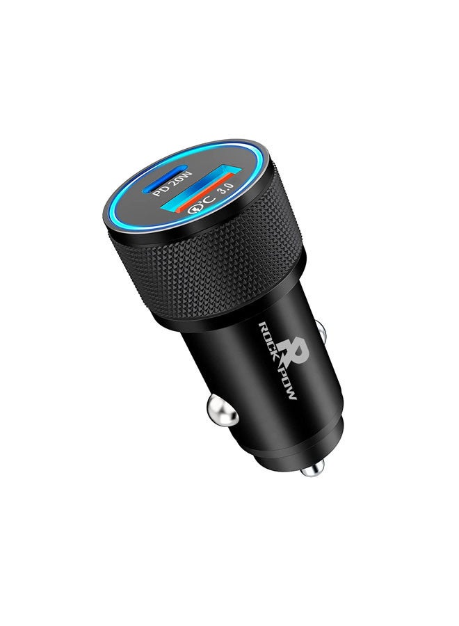 Rock Pow [Apple MFi Certified] PD20/QC3.0 Apple iPhone Fast Car Charger, 38W Dual Port USB C Power Delivery All Metal Car Adapter Car Quick Charging For Apple iPhone/iPad/AirPods, Samsung Galaxy Note 20/10/S21/20, Huawei/Xiaomi/Google Pixel Black - Image 1