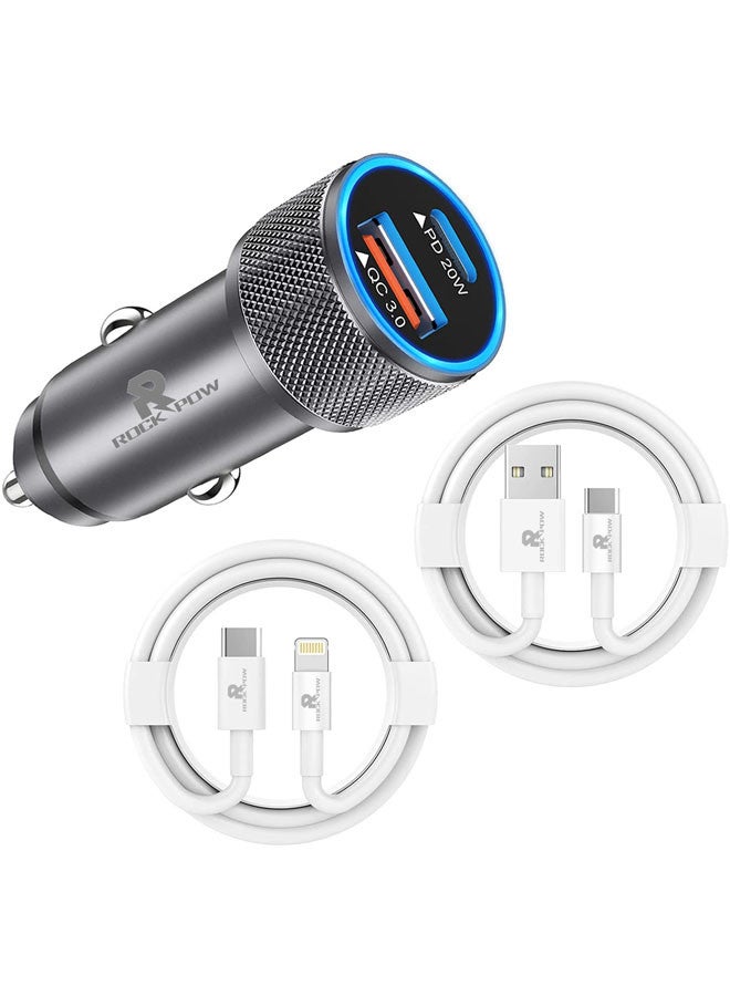 Rock Pow [Apple MFi Certified] iPhone Fast Car Charger,38W Dual Port USB C Power Delivery All Metal Car Adapter with 2 pcs Lightning and Type C Cable, PD20/QC3.0 Car Quick Charging for iPhone/iPad/AirPods,Samsung/Huawei/Xiaomi/Google Pixel, Grey  - Image 1