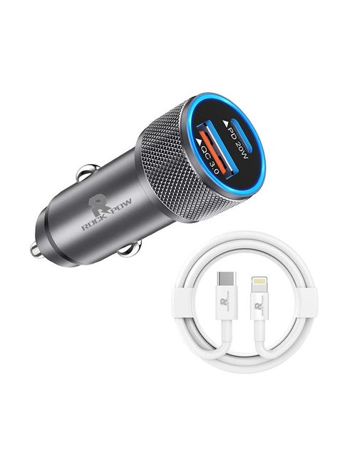Apple MFi Certified Fast Car Charger, 38W Dual Port USB C Power Delivery All Metal Car Adapter With Lightning Cable, PD20/QC3.0 Car Quick Charging For Apple iPhone/iPad/AirPods, Samsung Galaxy Note 20/10 S21/20, Huawei/Xiaomi/Google Pixel Grey