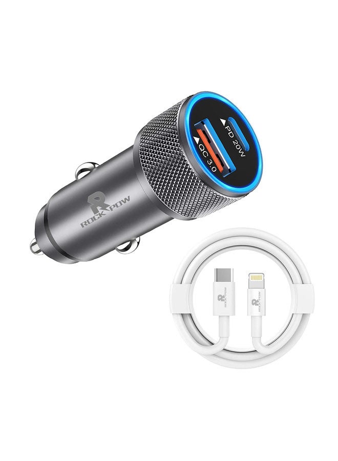Rock Pow - Apple MFi Certified Fast Car Charger, 38W Dual Port USB C Power Delivery All Metal Car Adapter With Lightning Cable, PD20/QC3.0 Car Quick Charging For Apple iPhone/iPad/AirPods, Samsung Galaxy Note 20/10 S21/20, Huawei/Xiaomi/Google Pixel Grey - Image 1