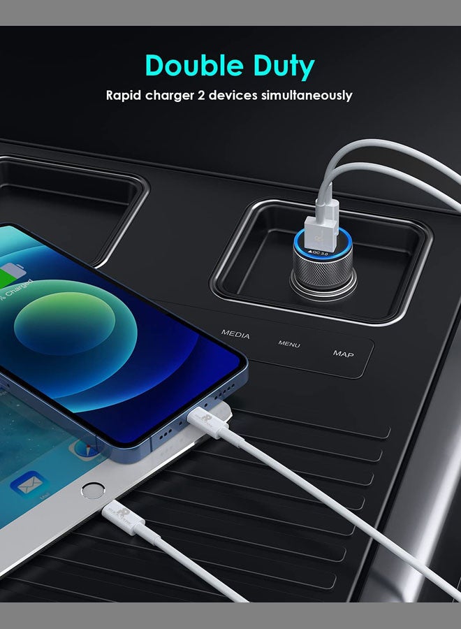 Rock Pow - Apple MFi Certified Fast Car Charger, 38W Dual Port USB C Power Delivery All Metal Car Adapter With Lightning Cable, PD20/QC3.0 Car Quick Charging For Apple iPhone/iPad/AirPods, Samsung Galaxy Note 20/10 S21/20, Huawei/Xiaomi/Google Pixel Grey - Image 1