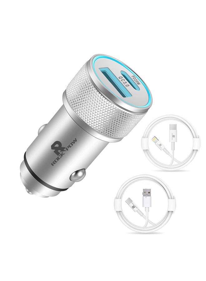 Rock Pow [Apple MFi Certified] iPhone Fast Car Charger,38W Dual Port USB C Power Delivery All Metal Car Adapter with 2 pcs Lightning and Type C Cable, PD20/QC3.0 Car Quick Charging for iPhone/iPad/AirPods,Samsung/Huawei/Xiaomi/Google Pixel, Silver - Image 1