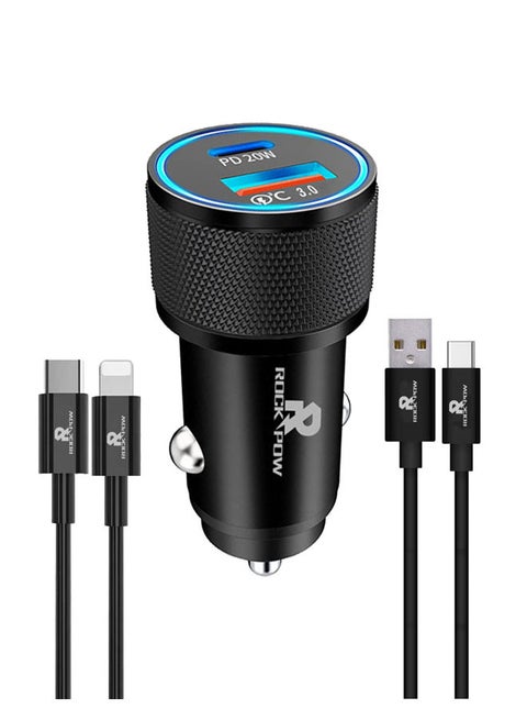 [Apple MFi Certified] iPhone Fast Car Charger,38W Dual Port USB C Power Delivery All Metal Car Adapter with 2 pcs Lightning and Type C Cable, PD20/QC3.0 Car Quick Charging for iPhone/iPad/AirPods,Samsung/Huawei/Xiaomi/Google Pixel, Black