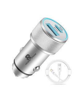 Rock Pow Apple MFi Certified Apple iPhone Fast Car Charger,38W Dual Port USB C Power Delivery All Metal Car Adapter with Lightning Cable, PD20/QC3.0 Car Quick Charging for iPhone/iPad/AirPods,Samsung Galaxy Note 20/10 S21/20/10,Huawei/Xiaomi/Google Pixel Silver  - Image 1