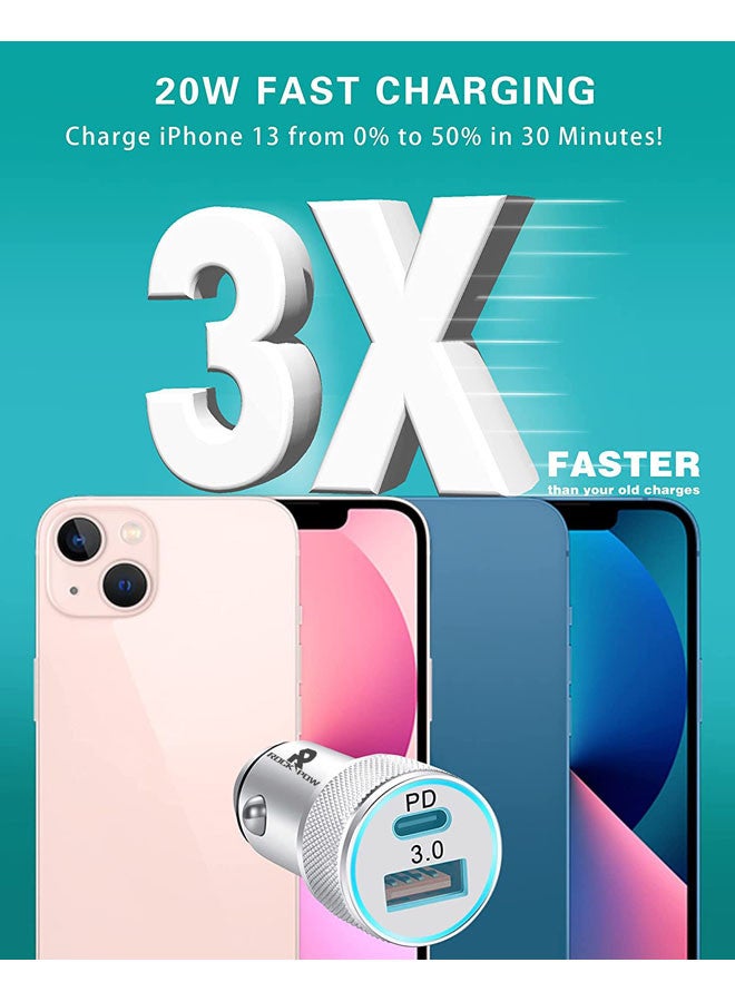 Rock Pow Apple MFi Certified Apple iPhone Fast Car Charger,38W Dual Port USB C Power Delivery All Metal Car Adapter with Lightning Cable, PD20/QC3.0 Car Quick Charging for iPhone/iPad/AirPods,Samsung Galaxy Note 20/10 S21/20/10,Huawei/Xiaomi/Google Pixel Silver  - Image 3