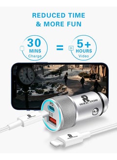 Rock Pow Apple MFi Certified Apple iPhone Fast Car Charger,38W Dual Port USB C Power Delivery All Metal Car Adapter with Lightning Cable, PD20/QC3.0 Car Quick Charging for iPhone/iPad/AirPods,Samsung Galaxy Note 20/10 S21/20/10,Huawei/Xiaomi/Google Pixel Silver  - Image 4