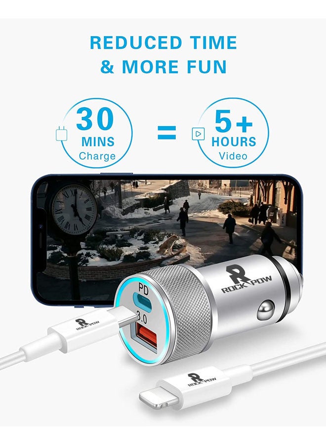 Rock Pow Apple MFi Certified Apple iPhone Fast Car Charger,38W Dual Port USB C Power Delivery All Metal Car Adapter with Lightning Cable, PD20/QC3.0 Car Quick Charging for iPhone/iPad/AirPods,Samsung Galaxy Note 20/10 S21/20/10,Huawei/Xiaomi/Google Pixel Silver  - Image 4