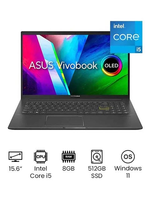 Vivobook 15 OLED K513EA-OLED0B5W  Laptop With 15.6-Inch Display, Core i5-1135G7 Processor/8GB RAM/512GB SSD/Intel UHD Graphics/Windows 11 English/Arabic Indie Black