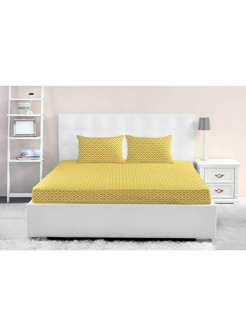 Amal Fitted Bedsheet Set Twin Size High Quality 100% Cotton Percale 144 TC Light Weight Everyday Use 1 Bed Sheet And 2 Pillow Cases Printed Yellow Cotton Yellow 120 x 200 + 33cm