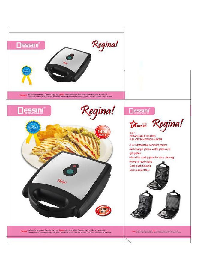 ديسيني جهاز تحضير الساندويتش 3 في 1 من 4 أطباق قابلة للفصل 1400.0 W 4slice-3in1 أسود/ فضي - Image 1