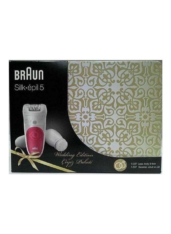 براون سيلك-ابيل 5 ‎ 5-537- ماكينة ازالة الشعر اللاسلكية للاستعمال الرطب والجاف مع 4 اضافات تتضمن فرشاة تنظيف الوجه - علبة معدنية وردي/ أبيض - Image 2