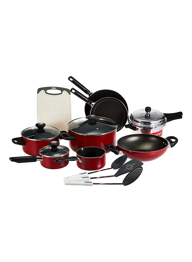 Prestige 14-Piece Classique Pro Aluminium Non Stick Interior Durable & Light Weight Cookware Set Includes 14 cm milk pan, 14 cm covered sauce pan, 20 cm covered casserole, 26 cm covered casserole, 26 cm open wok, 22 cm open fry pan, 26 cm open fry pan, chopping board, Prestige basic solid spoon, regular turner and solid skimmer & 4 liter Pressure Cooker Black/Red/Silver 26cm