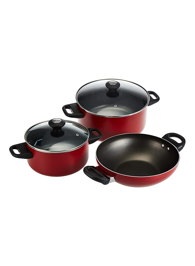 Prestige 14-Piece Classique Pro Aluminium Non Stick Interior Durable & Light Weight Cookware Set Includes 14 cm milk pan, 14 cm covered sauce pan, 20 cm covered casserole, 26 cm covered casserole, 26 cm open wok, 22 cm open fry pan, 26 cm open fry pan, chopping board, Prestige basic solid spoon, regular turner and solid skimmer & 4 liter Pressure Cooker Black/Red/Silver 26cm