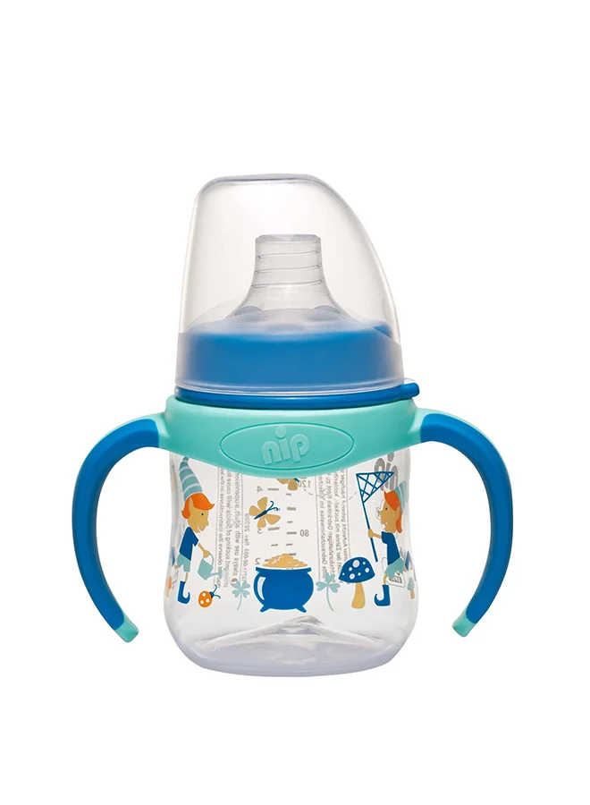 nip Wide-Neck Training Feeding Bottle, Soft Spout, PP, With Handle, For Boys, Elves Blue, 150 ML, 6M+