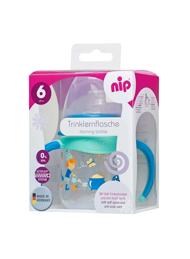 nip Wide-Neck Training Feeding Bottle, Soft Spout, PP, With Handle, For Boys, Elves Blue, 150 ML, 6M+