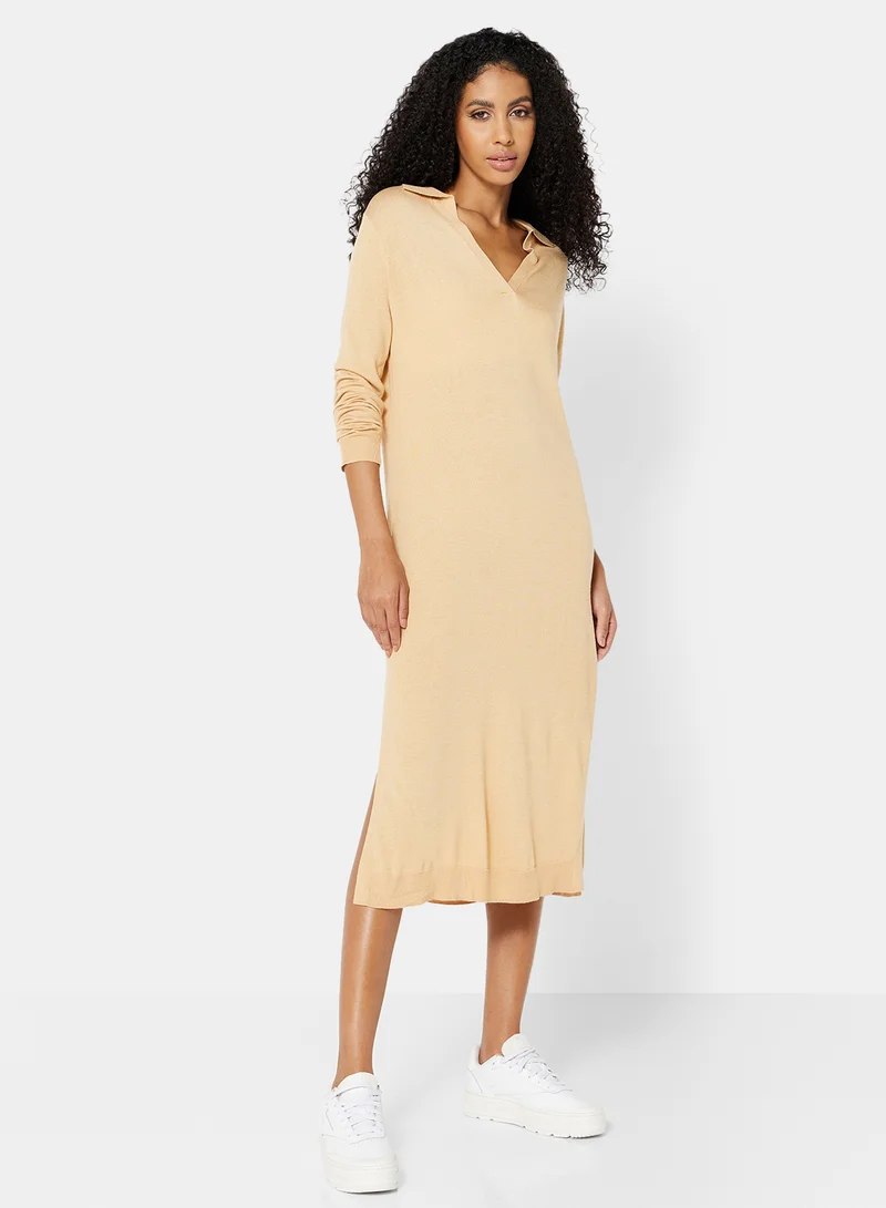 MANGO Solid Pattern Midi Dress Beige
