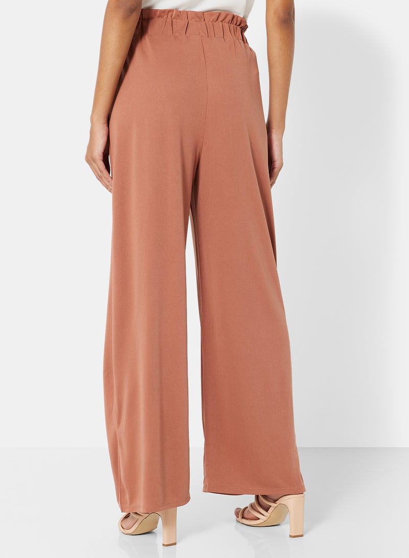 MANGO - Ruffled Waist Pants Brown - Image 1