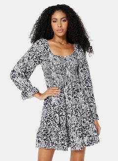 LABEL RAIL Shirred Animal Print Dress White/Black  - Image 2