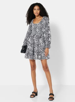 LABEL RAIL Shirred Animal Print Dress White/Black  - Image 1