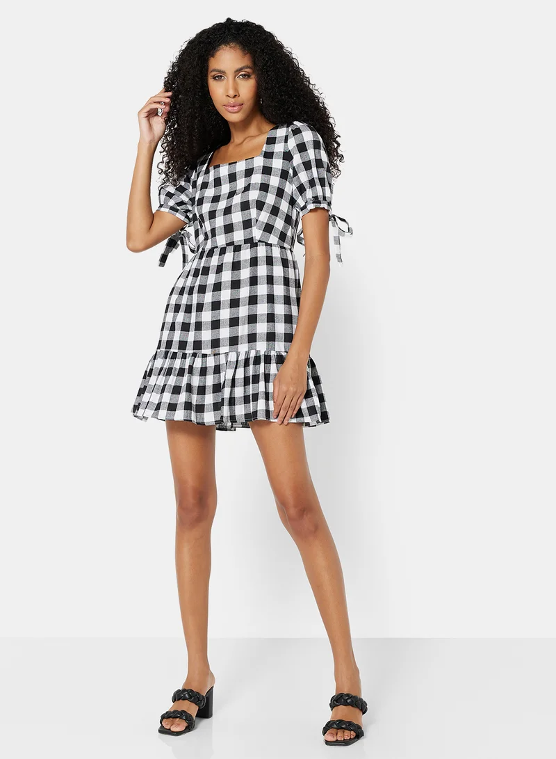 LABEL RAIL Gingham Ruffle Mini Dress Black/White