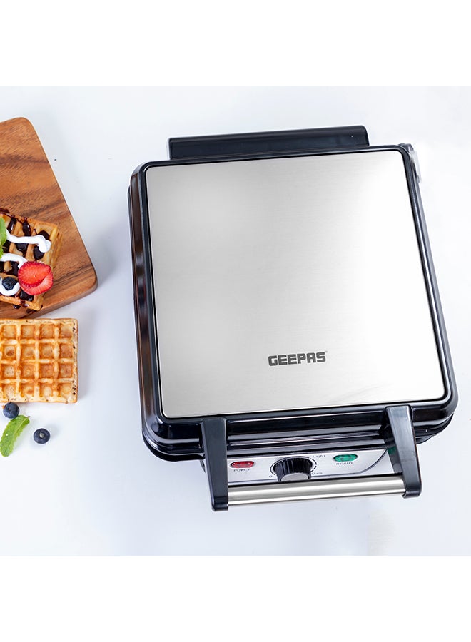 GEEPAS - Electric Waffle Maker -  4 Slice Non-Stick Electric Belgian Waffle Maker with Adjustable Temperature Control - Pre-heating, Cool Touch Body - Handle - Automatic Safety Protection 1100 W GWM5417 Silver/Black - Image 1