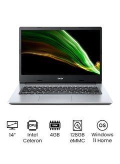 Aspire 1 A114 Notebook With 14-Inch FHD Display, Intel Celeron N4500 Processor / 4GB RAM / 128GB eMMC / Intel UHD Graphics / Win 11S Home + Microsoft Office 365 Personal 1 Year Preloaded /International Version English/Arabic Pure Silver