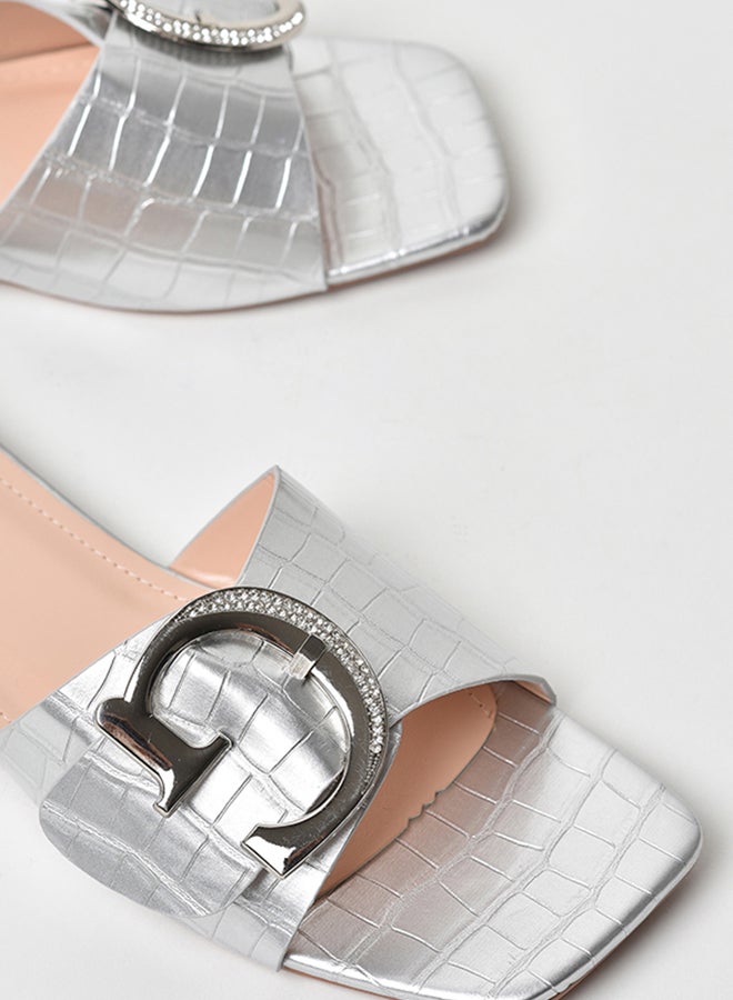 Aila - Animal Pattern Broad Strap Flat Sandals Silver - Image 1