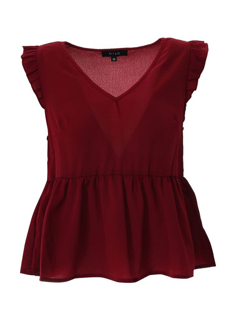 Aila Women's Plain Basic Design Casual V-Neck Top Red - Image 1