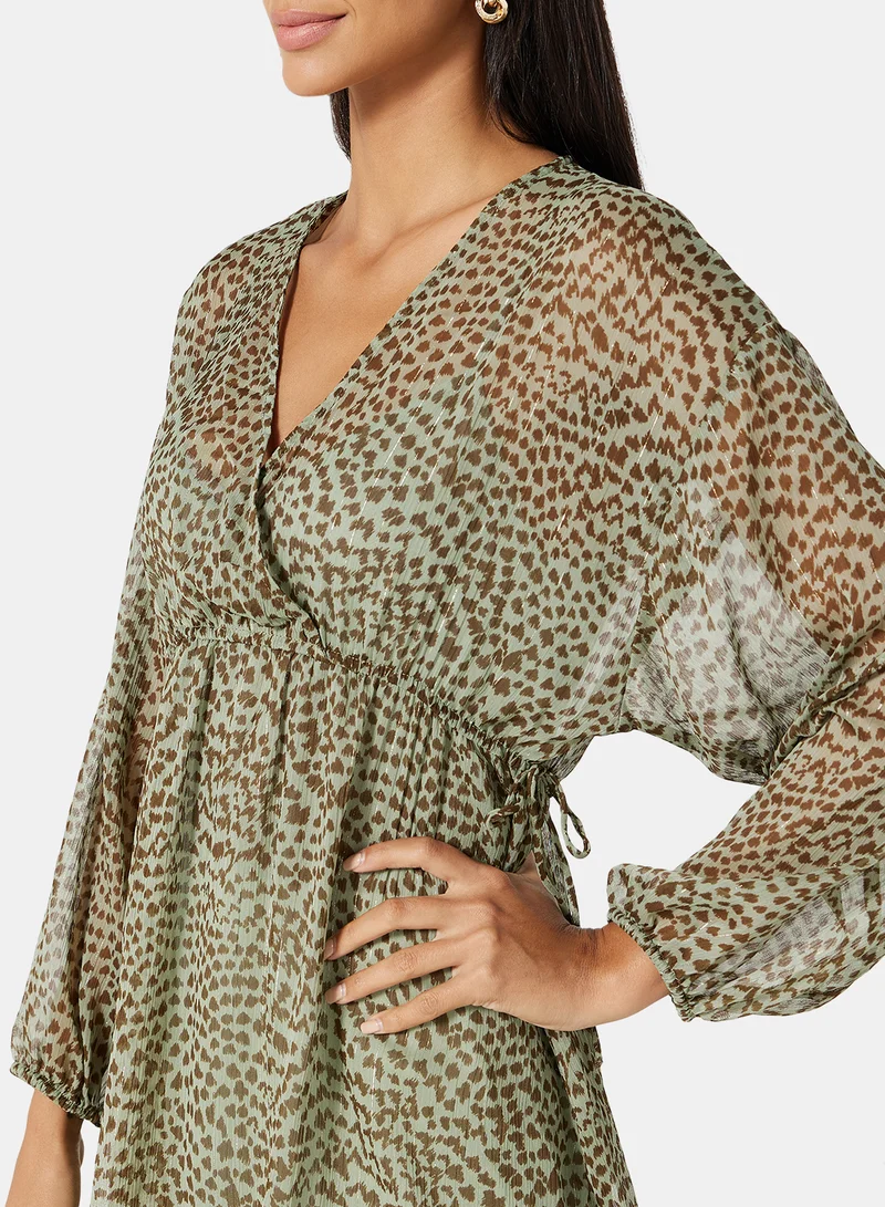 مانجو Sheer Print Mini Dress رمادي / بني