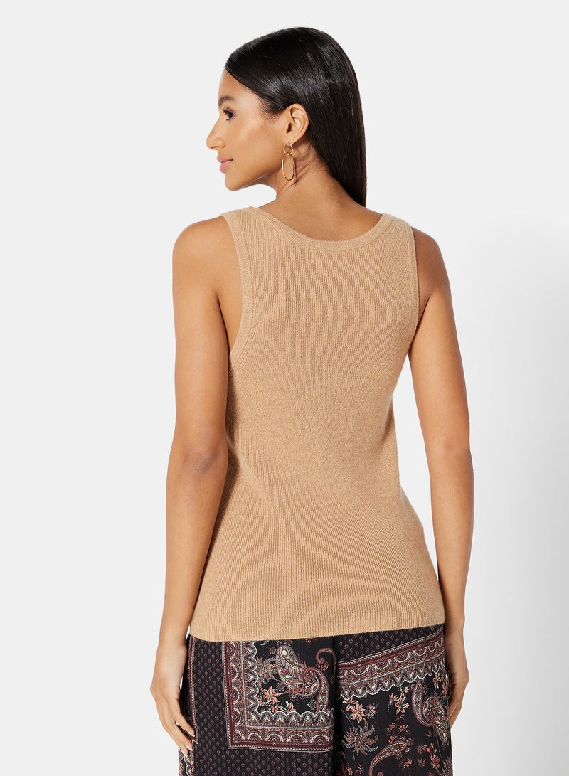 MANGO - Cable Knit Design Scoop Neck Sleeveless Vest Camel - Image 1