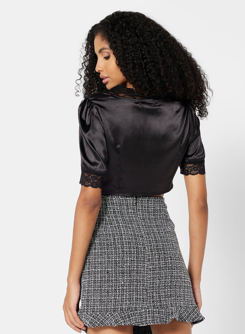 LABEL RAIL - Satin Button Down Crop Top Black - Image 1