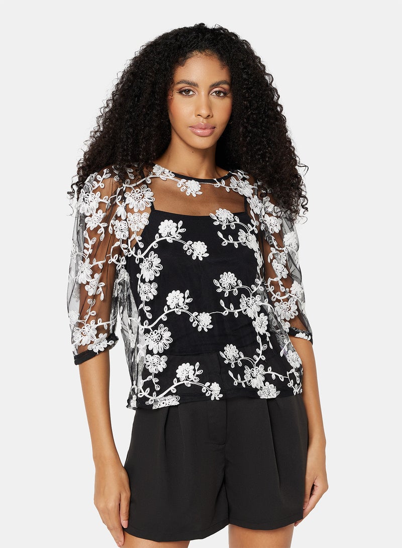 Sheer Embroidered Floral Top Black - v1657623459/N48065138V_1