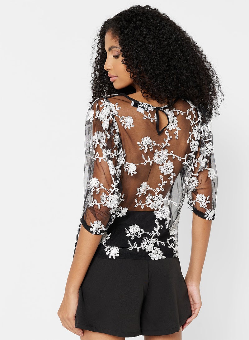 Sheer Embroidered Floral Top Black - v1657623459/N48065138V_2