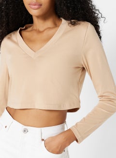 LABEL RAIL V-Neck Cropped T-Shirt Beige  - Image 3