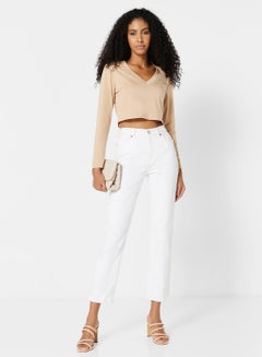 LABEL RAIL V-Neck Cropped T-Shirt Beige  - Image 4