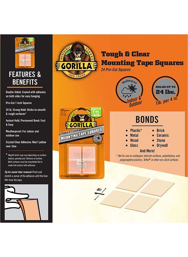 Gorilla Tough & Clear Double Sided Mounting Tape Squares, 24 1" Pre-Cut Squares, (Pack of 1) Clear  - Image 4
