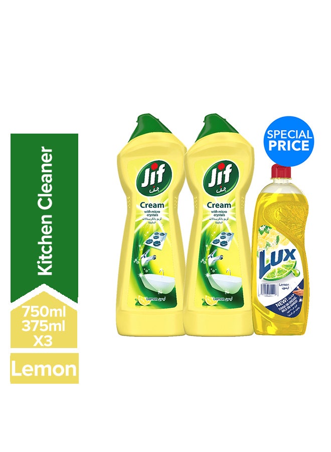 Jif Cream Cleaner Lemon 750ml And  Dishwash 375ml Pack Of 3 Multicolour 